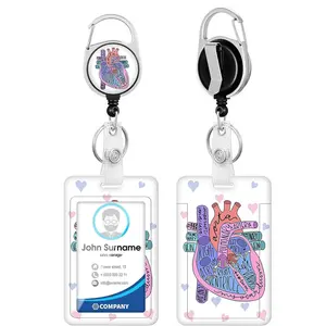 Cartoon Heart Pattern Badge Holder with Retractable Reel, 1 Count ID Name Badge Holder, Vertical Card Protector for Office Worker Nurses
