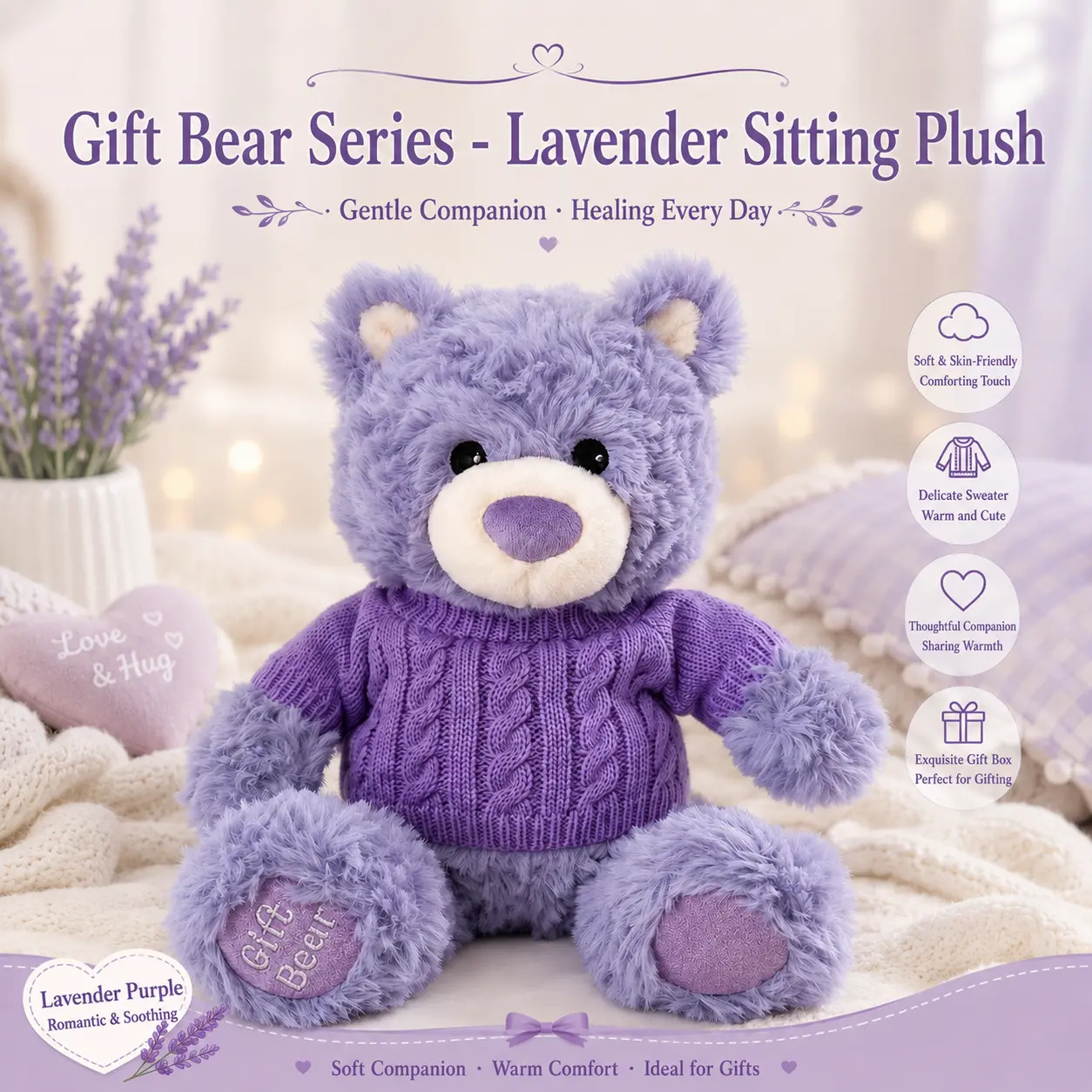 MINISO Geoforte Bear Series Lavender Sitting Plush Teddy Bear – Cute, Soothing Plush Doll Pillow, Ideal Birthday Gift, Back To School