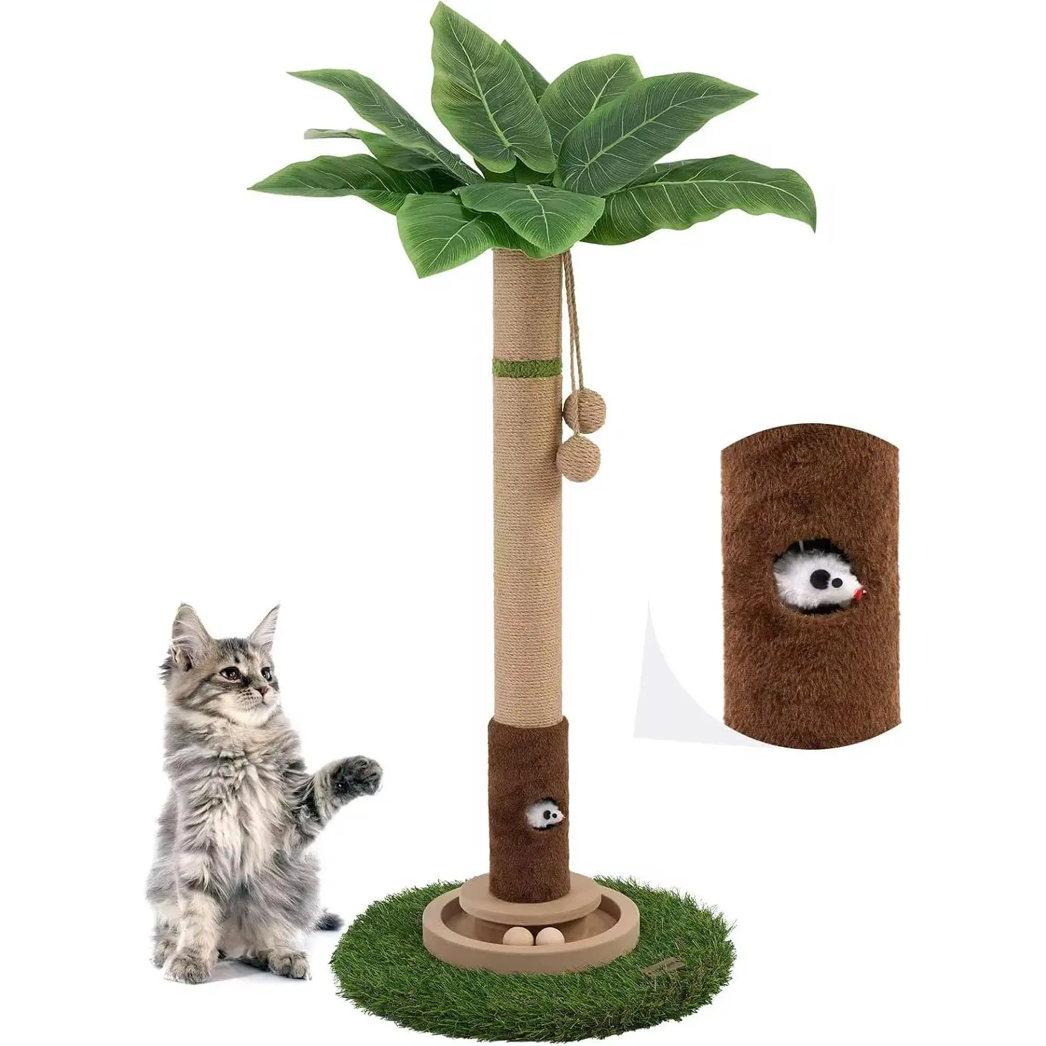 PAWFECT BEDDING COMP Tropical Tall Freestanding Palm Leaf Cat Scratcher Scratching Post - 3D Simulation Leaves, Natural Sisal, Turntable Base Trackballs, Interactive Toy Balls, Enhanced Stability, Entertainment, Home Décor, Suitable for Any Room