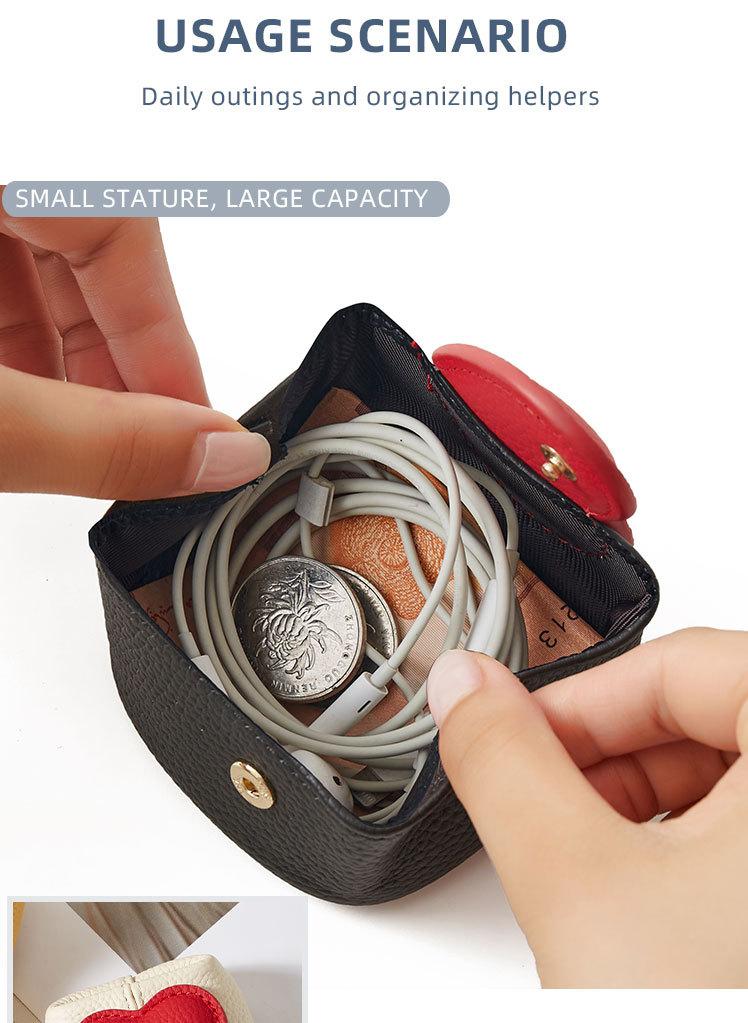 Mini Lychee Pattern Cowhide Heart Coin Purse, Solid Color Buckle Key & Earphone Storage Bag, Color-Block Leather Change & Jewelry Pouch for Daily Use