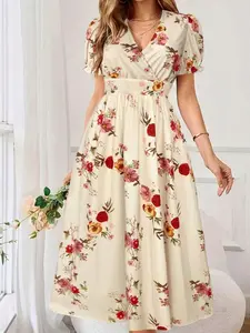 Women's Floral Wrap Maxi Dress - Elegant Criss-Cross Front Cinched Waist for Events