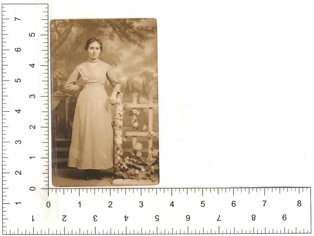 Vintage Black & White Real Photo Post Card Women Next to Fence in a Studio - 1913