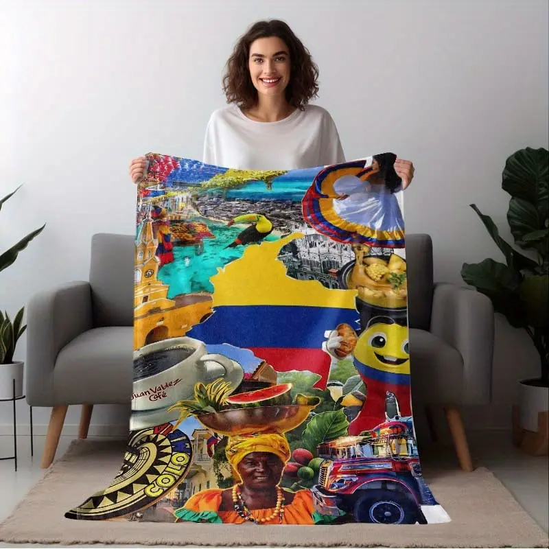 Colombian Style Classic Patchwork Print Polyester Velvet Blanket - Wrinkle Resistant, Fading Resistant, Durable, Soft, Lightweight, Machine Washable, Ideal for Home & Travel