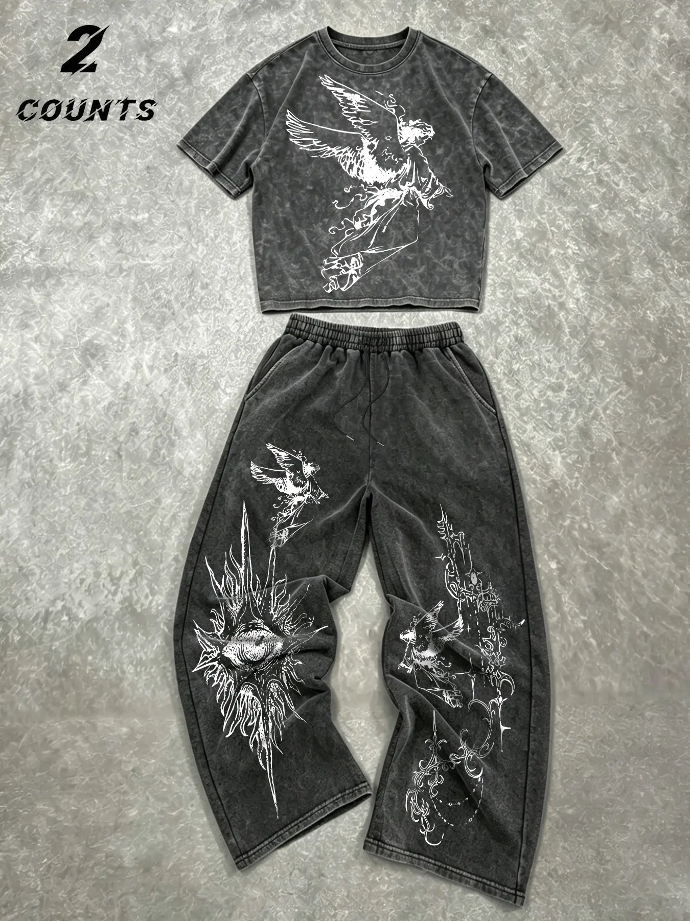 Vintage Acid Wash 2 Piece Set Gothic Angel Print Crop Top & Wide Leg Pants Streetwear Grunge Y2K Matching Outfit for Women Casual Everyday Concert Alt Tracksuit Fashion Vibe