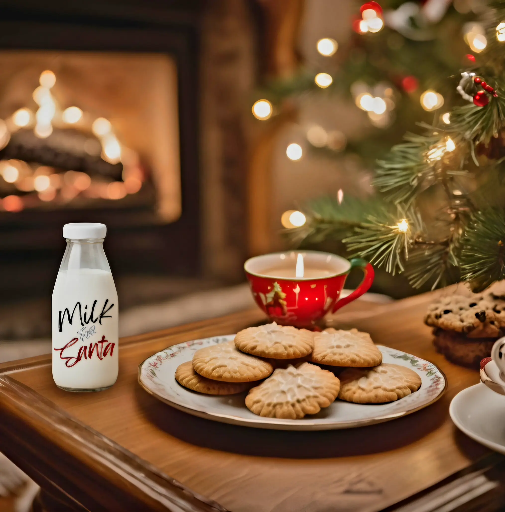 Milk Glass Bottle & Cookies Plate Set for Santa Ceramic Christmas