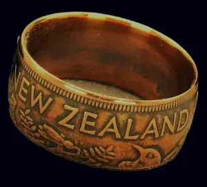 Coin Ring, 1982 New Zealand Penny, Size 10.75, Wide Band.