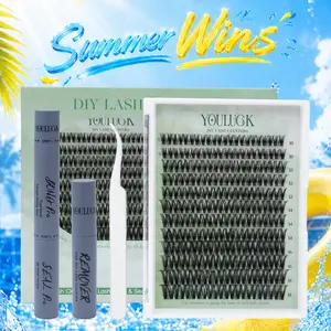 YOULUCK Velvet Touch 2.0 Gray Glue Lash Clusters Upgraded – Waterproof Lightweight Natural Fluffy Individual Eyelash Extensions with Ultra-Thin Band Bond Seal Remover Set Perfect for Beginners