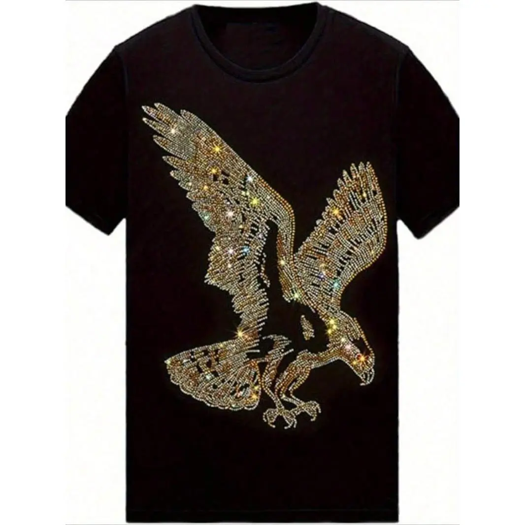 Men's Rhinestone-Style Heat Transfer Eagle Graphic T Shirt Vintage Streetwear Crewneck Short Sleeve Glitter Sparkle Tee for Night Out Party Concert Club Summer Outfit