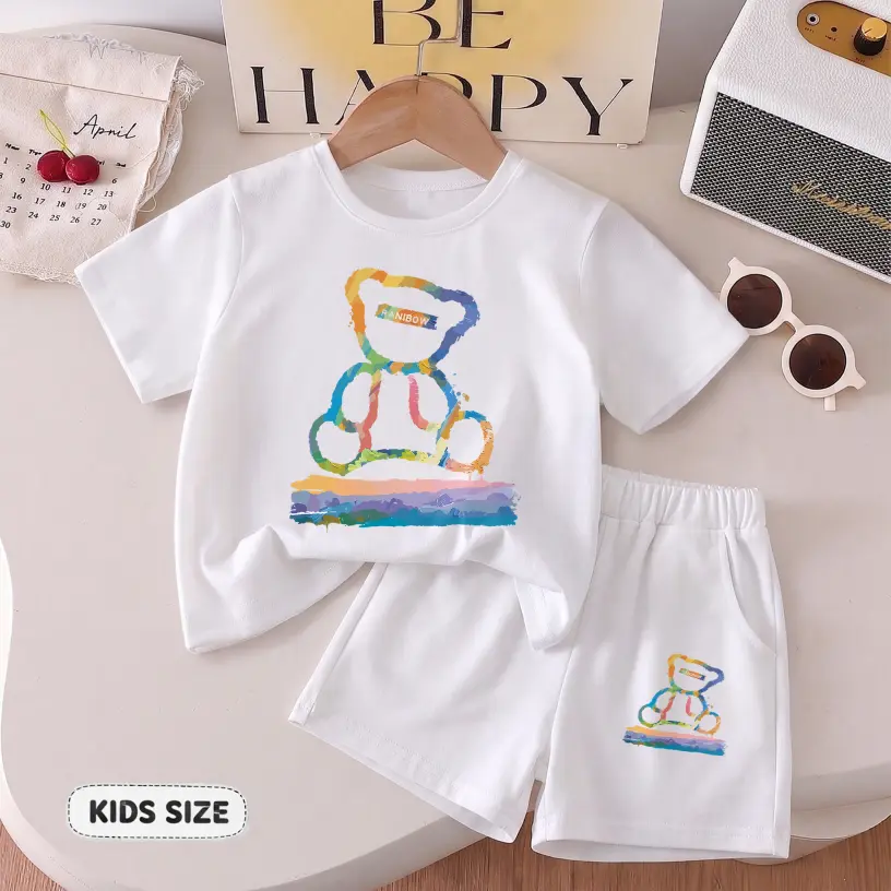 Kids' Bear Graphic Print Short Sleeve T-Shirt and Shorts Set, Casual Summer Children's Outfit, Comfortable Crew Neck Two-Piece Set for Daily Wear, Outdoor Play and Activities