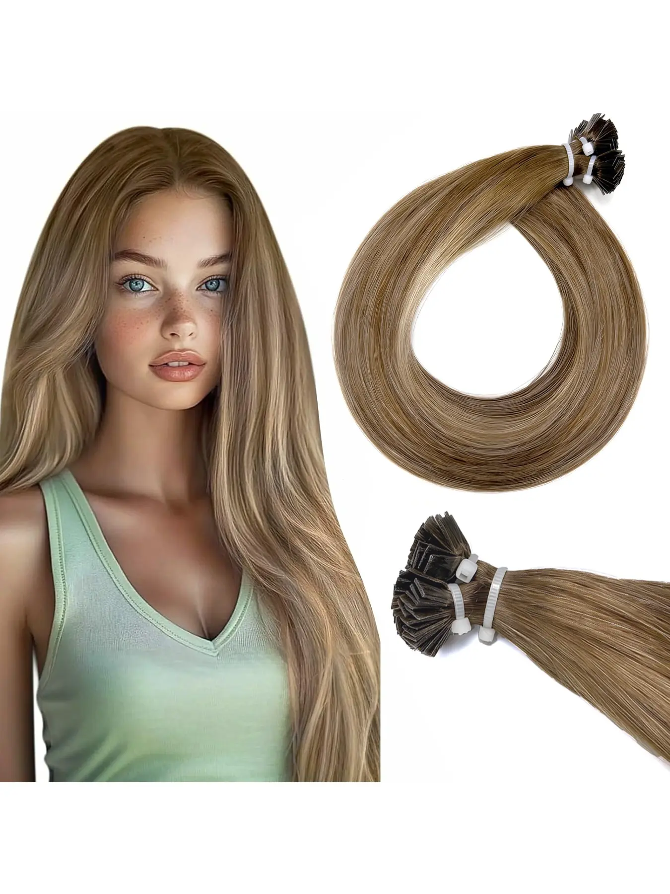 Flat Tip Hair Extensions Human Hair 25g/25pcs/pack 16Inch Light Blonde Highlighted Golden Blonde Hair Seamless Keratin Extensions 20inch Bond Secure trial size #B2/5 #B2/60A 16-28inch 24inch