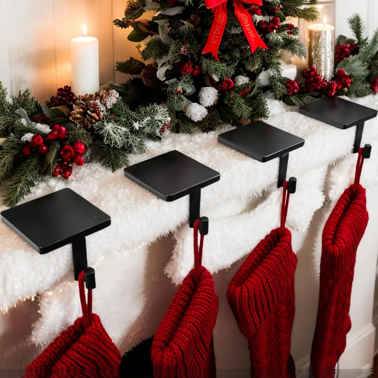 4-Pack Heavy-Duty Cast Iron Christmas Stocking Holders with Protective Pads, Festive Decor for Mantle, Fireplace, Home Shelf (Black)