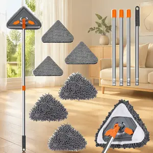 Multi-Functional Triangle Cleaning Mop with 40-85 In Extendable Long Handle, 360° Rotatable Chenille & Microfiber Heads, 5 Metal Extension Cords - Squeegee Silicone Tool for Wiping, Sweeping Walls, Ceilings, Floors (No Dead Corners, Adjustable Pad)
