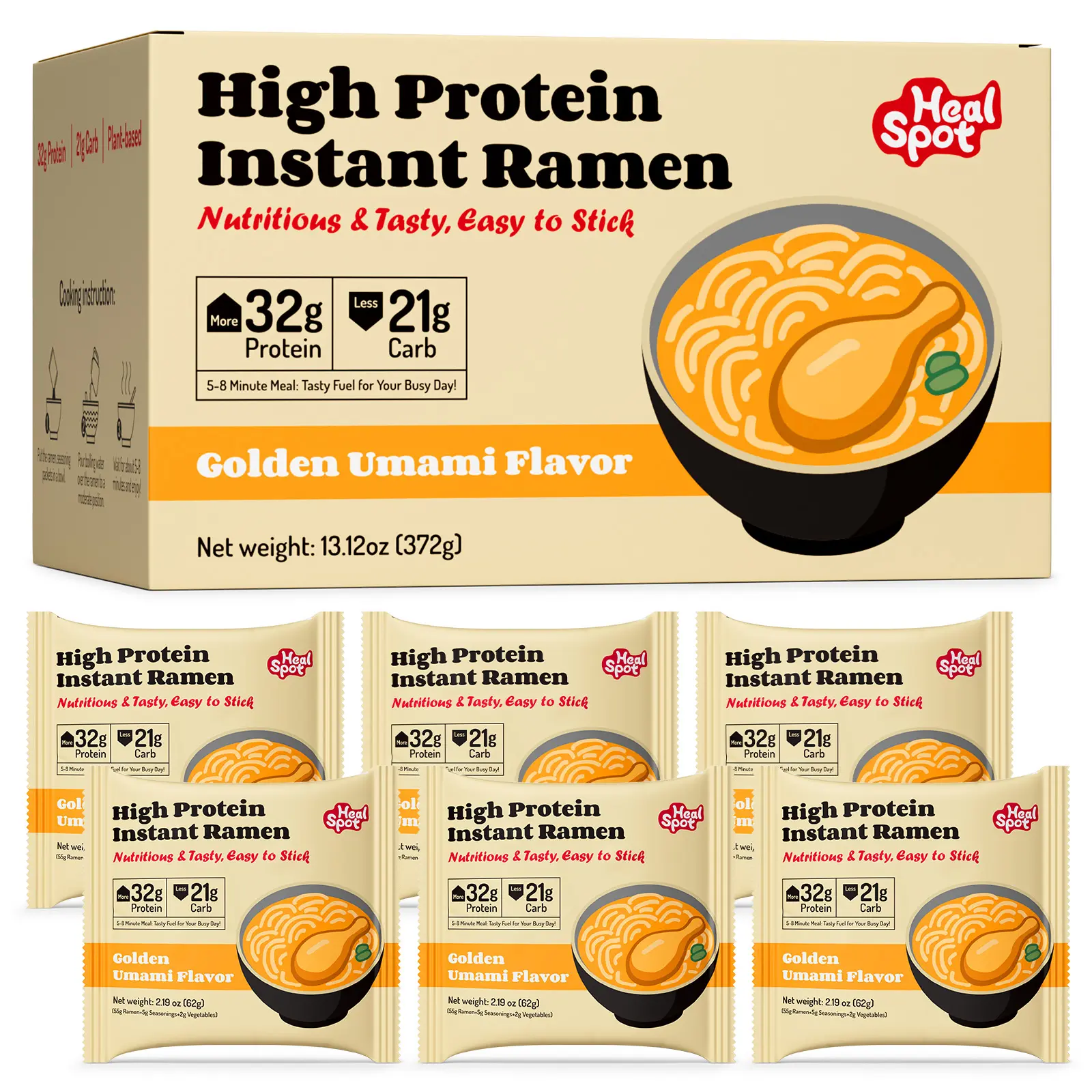 Healspot High Protein Instant Ramen, 6 Pack, 32g Plant Protein, Non-Fried, Low Carb, Golden Umami Flavor