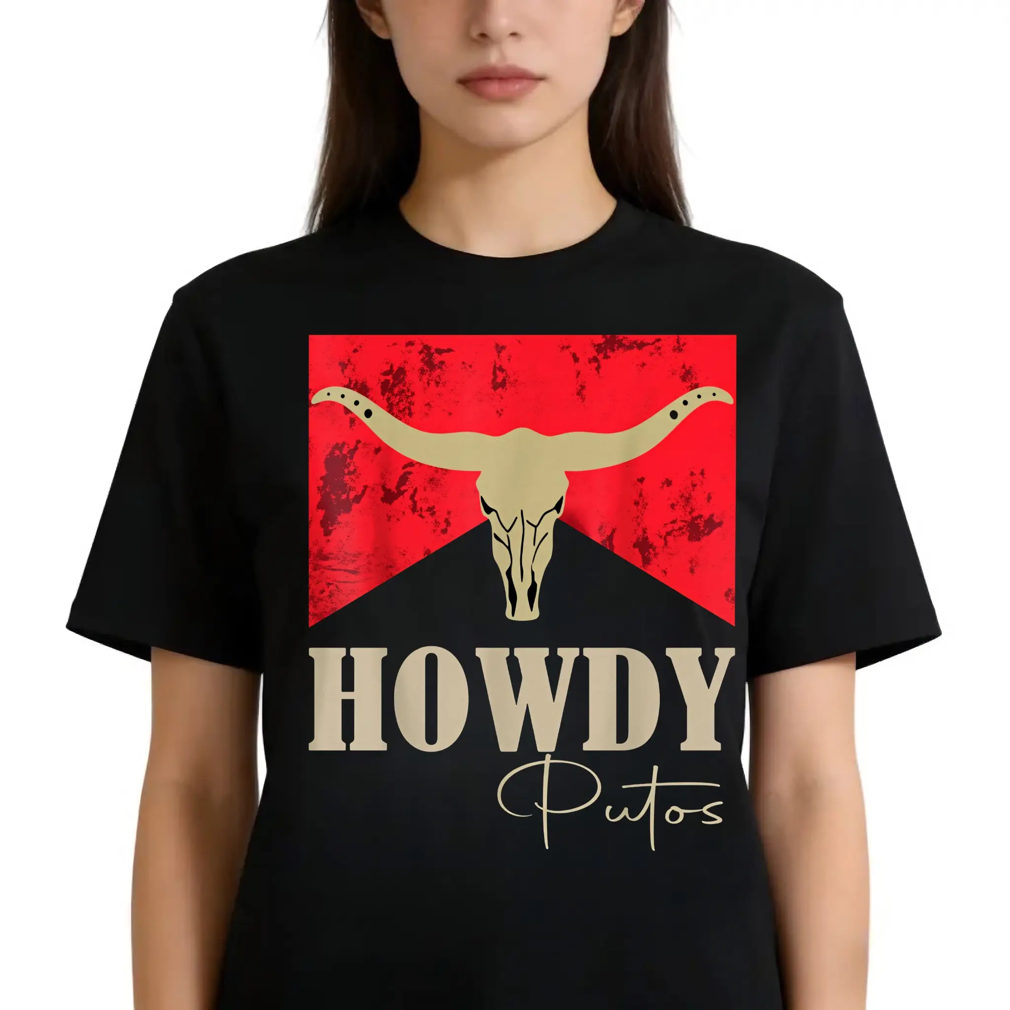 Howdy Putos Bull Skull Country Cowboy Western Graphic T-Shirt Tee For Men And Women trendy t-shirts, graphic tees, graphic tees for men, graphic tees women, t shirts women, men's t shirts, good graphic tees, women's t shirts, trendy graphic tees for women