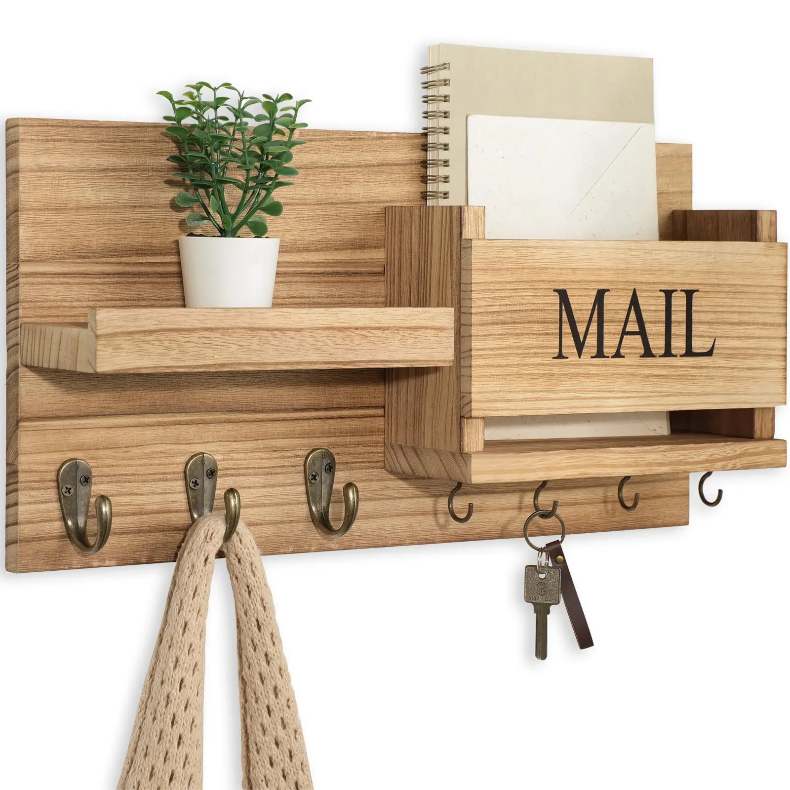 Rustic Natural Wooden Wall Mount Organizer - Decorative Wall Mounted Storage Hooks with Shelf, Includes Letter Holder, Flush Hardware for Hallway, Farmhouse Home Decor Accessories, Decorative Key Hook