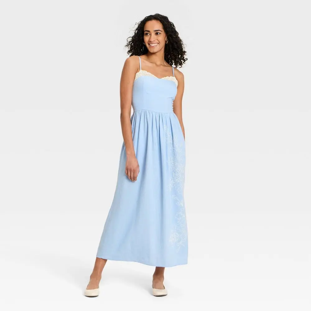 Women's Light Pullover Sleeveless Eyelet Cutwork Adjustable Pleated Midi Casual Sundress