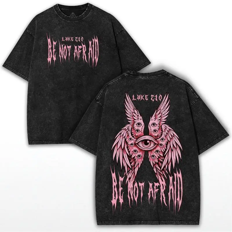 Men's Oversized Vintage T-Shirt, 'Be Not Afraid' Angel Graphic Printed Top in Washed Cotton, Round Neck Streetwear for Everyday Faith Wear