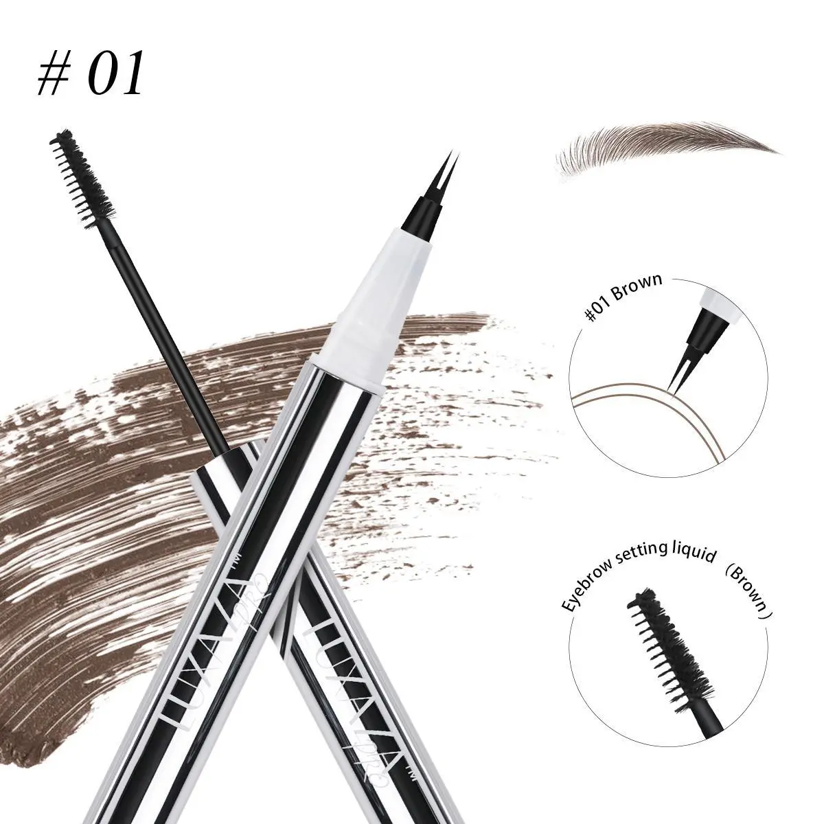 LUXAZA 2-Pen Dual-End Microblading Eyebrow Pen & Setting Gel Cosmetic Set - Waterproof, 10-sec Brow Fix, Micro-Fork Tip for 3D Hair Strokes, Smudgeproof, Smoothing, Hydrating, Long-Lasting for At-Home Hair Styling
