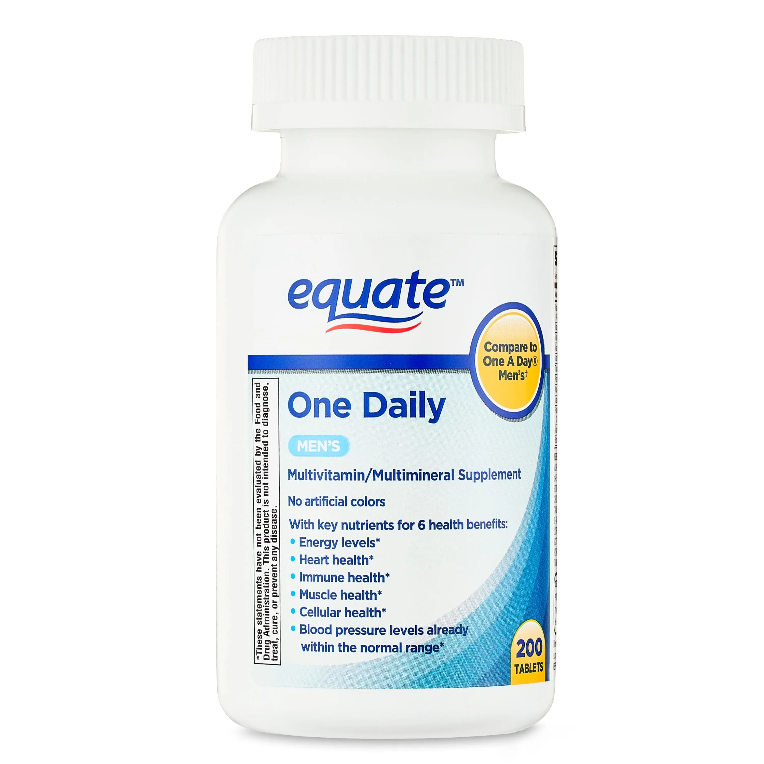 Equate One Daily Men's Multivitamin Multimineral Supplement Tablets for Men's Health 200 Count Healthcare Essential Vitamins Minerals