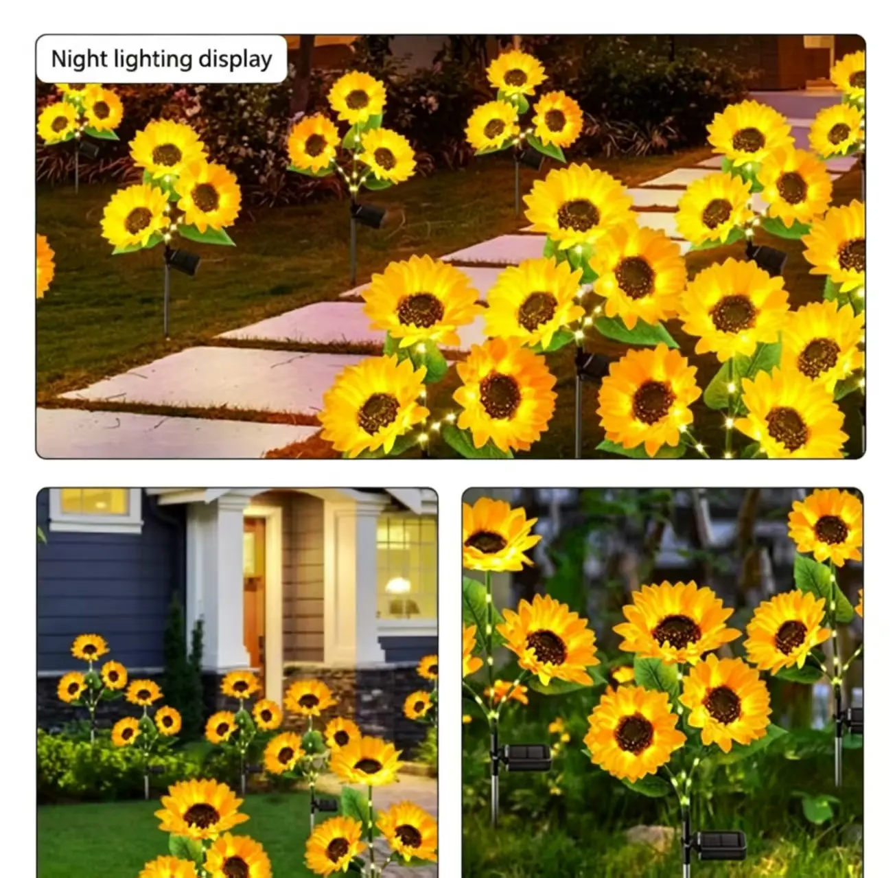 Solar-powered LED Sunflower Garden Light Set, featuring realistic nighttime illumination, ideal for yards, lawns, patios, porches, and other outdoor spaces. Waterproof, energy-efficient, and designed for all-weather protection.