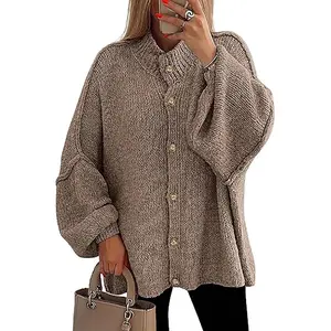 PrettyGarden Women's Winter Button Down Cardigan Sweaters Mock Neck Lantern Long Sleeve Chunky Knit Jacket Trendy Outerwear