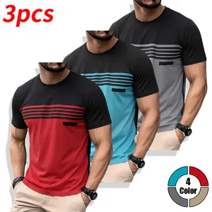 Men’s short-sleeve T-shirts, set of 3, striped patchwork design; casual everyday wear, comfortable breathable fabric, suitable for summer,summervibes.