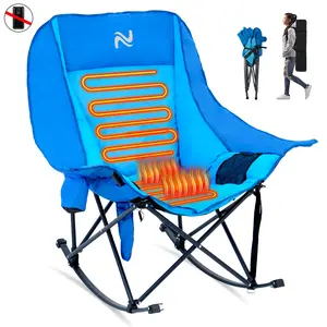SLSY Oversized Heated Rocking Camping Chair, Outdoor Rocker Padded Recliner Folding Lawn Chaise, with Side Pockets & Carry Bag for Patio Backyard, Power bank not included