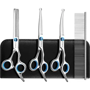 5 in 1 Professional Dog Grooming Scissors Set with Safety Round Tips, Curved Pet Grooming Shears for Dogs and Cats