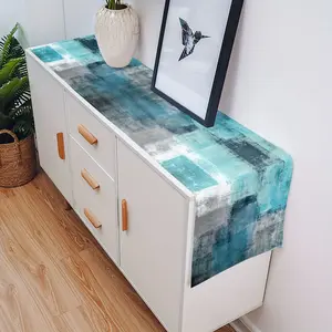 1-Piece Elegant Turquoise & Grey Abstract Art Rectangular Table Runner - Coastal Vibe Washable Polyester Cloth, Dining Decor for Restaurants, Weddings, One-Piece