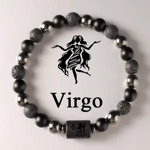 Twelve Zodiac Obsidian Men's Bracelet Black Gallstone Dark Retro Vintage Blade Bracelet Black Obsidian Bracelet Appearance Bracelet