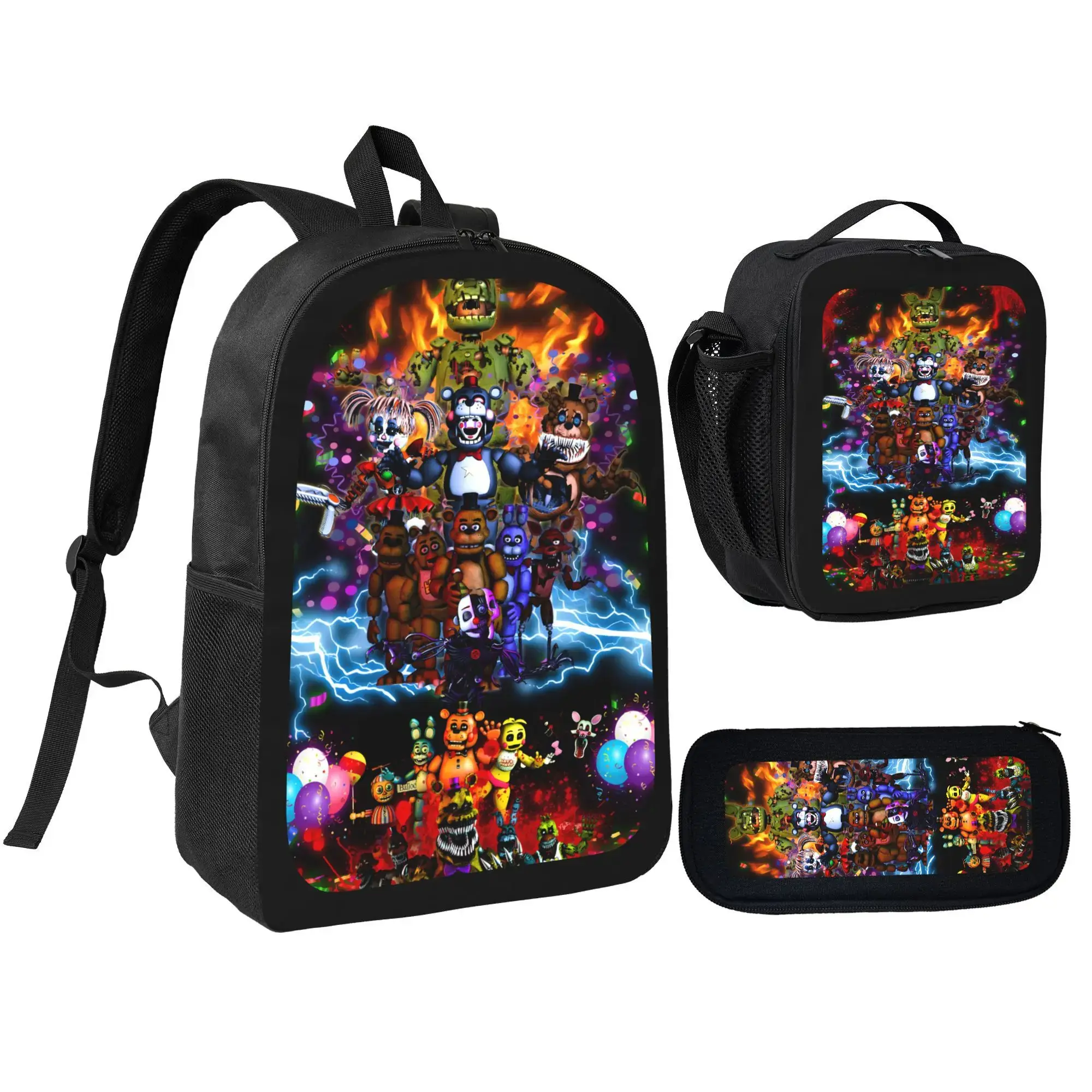 Five Nights At Freddy's Lightweight Backpack Set With Lunchbox And Pen Pouch, 17 Inch Travel Rucksack Daypack, FNAF Horror Character Backpack Lunchbag For Kids