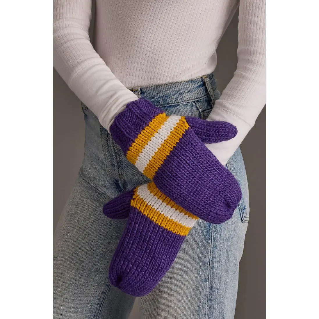 Purple, Gold & White Knit Mittens