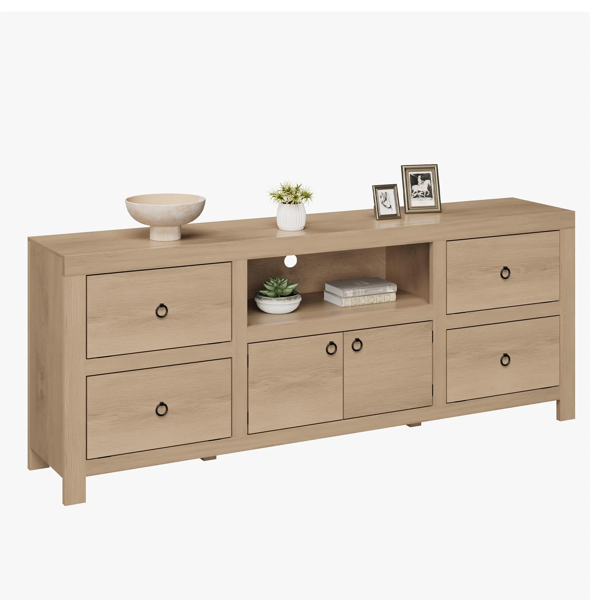 Farmhouse White TV Stand – 70" Long Console, Fits 75/80 Inch TVs, 6 Storage Drawers & Soundbar Shelf, Rustic Living Room or Bedroom Decor