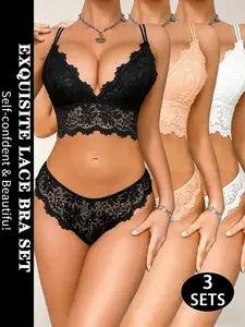 3SET Exquisite French Lace Bra and Panty Set | Wire-Free, Comfortable, Fit & Elegance Lingerie | Seamless Breathable Bralette Set for Daily Wear