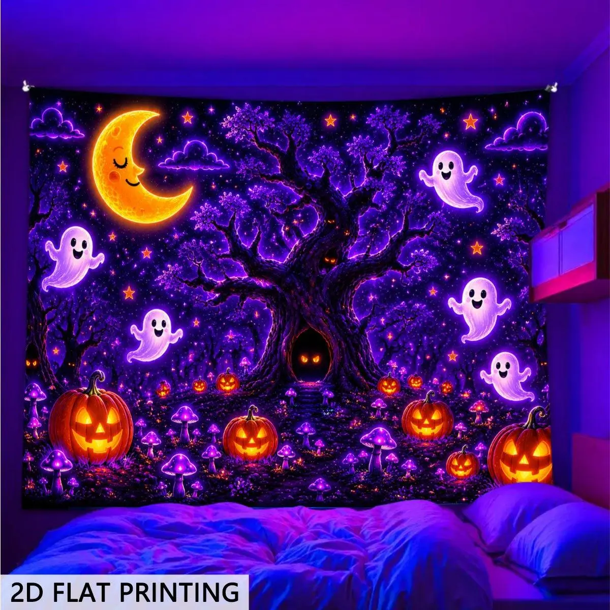 2D Flat Print Rectangular Fabric Halloween Tapestry - Blacklight Glow-in-the-Dark Starry Night Whimsical Tree Spirit Pumpkin Wall Hanging, Ideal for Whimsical Room Decor, Halloween Aesthetic Gaming Gatherings