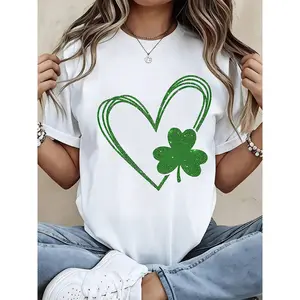 St Patrick's Day Green Heart Clover Vintage Graphic Tee Women’s Festive Shamrock T-Shirt Casual Crewneck Soft Cotton Holiday Celebration Top