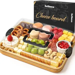 Bamboo Divided Serving Tray, Fruit Snack Platter with Transparent Storage Box, Portable Bamboo Snack Box for Parties, Travel, Picnic