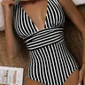 Women's Striped Print V Neck Backless Swimsuit, Summer Outfits 2024, Casual Adjustable Strap Swimwear for Summer, Ladies Swimsuit for Beach Holiday Vacation, Adjustable Straps Swimsuit, High Stretch Swimwear, Stretchy Swimwear
