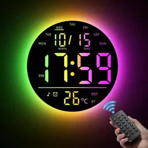 EASYERA 10" Large Circle Digital Wall Clock with Remote Control, Music-Sync, Round clock with RGB Atmosphere Lights with 11 Scenes Mode, Dual Alarms, Timer Clock for ADHD, Focus Tool, Classroom, Game Decor Goods Auto Dst Adjustment.