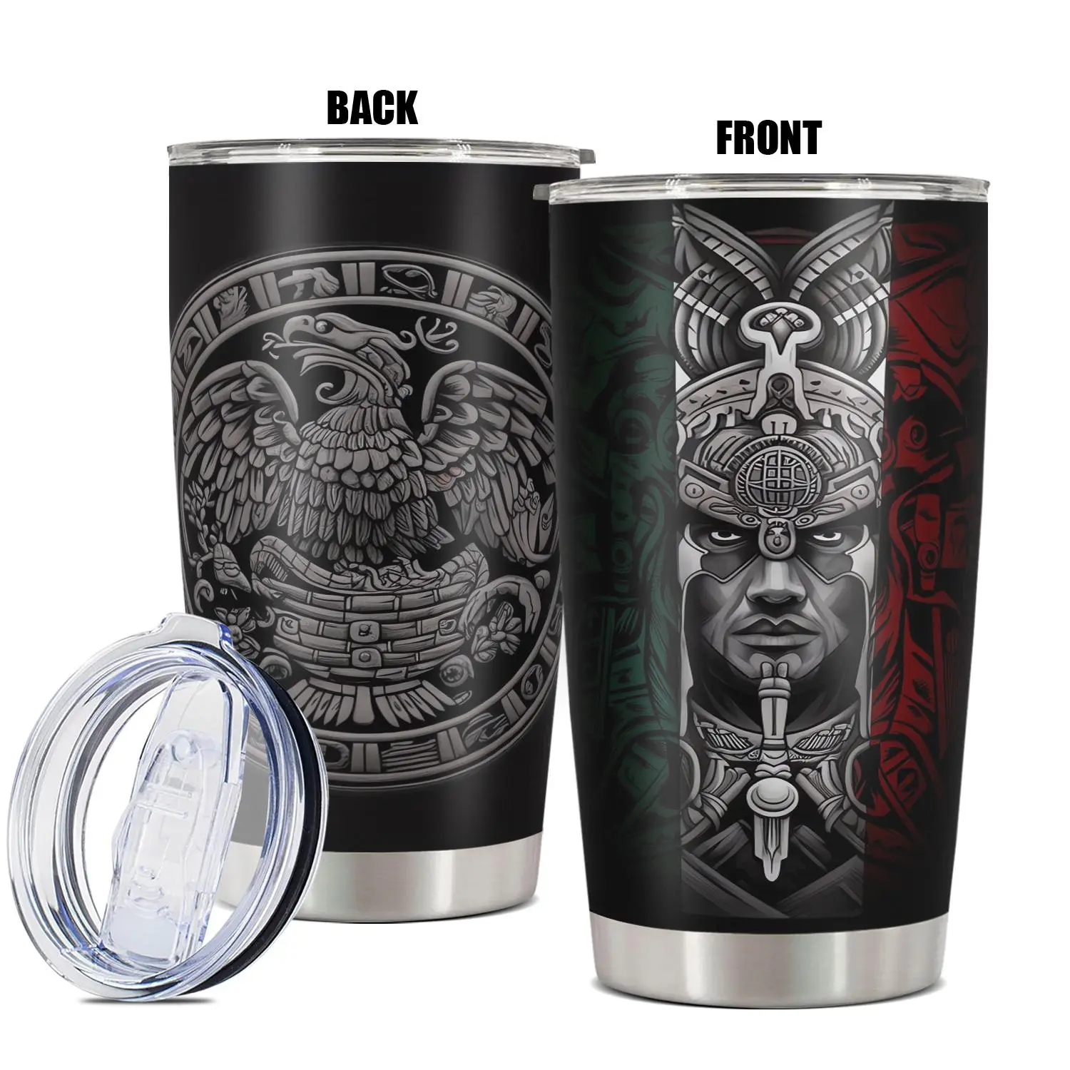Aztec Warrior 20oz Stainless Steel Insulated Tumbler with Lid, Mexican Heritage Eagle Design Travel Coffee Mug, Leakproof Hot Cold Drinkware Gift for Men Women