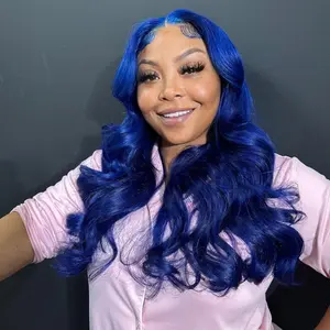 HANA HAIR Soft Sapphire Blue 13x4 Lace Frontal Wig, 12A Quality 200% Density Peruvian Body Wave, Pre-Plucked With Baby Hair Bleach Knots, 32-34 Inches Long Women's Wig