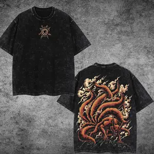 Kurama Nine Tailed Fox Naruto Shippuden Anime Vintage Wash Tees Unisex Acid Washed Hoodie Heavyweight Cotton, graphic men clothing streetwear
