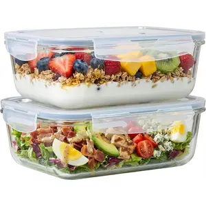 4 count Set - 8 Cup/64oz Large Glass  Storage Containers with  Airtight Meal Prep Container with Lid Lock - Freezer Microwave & Oven Safe Clear Lunch Bowl Stackable Baking Pantry Organizer (2Pack)