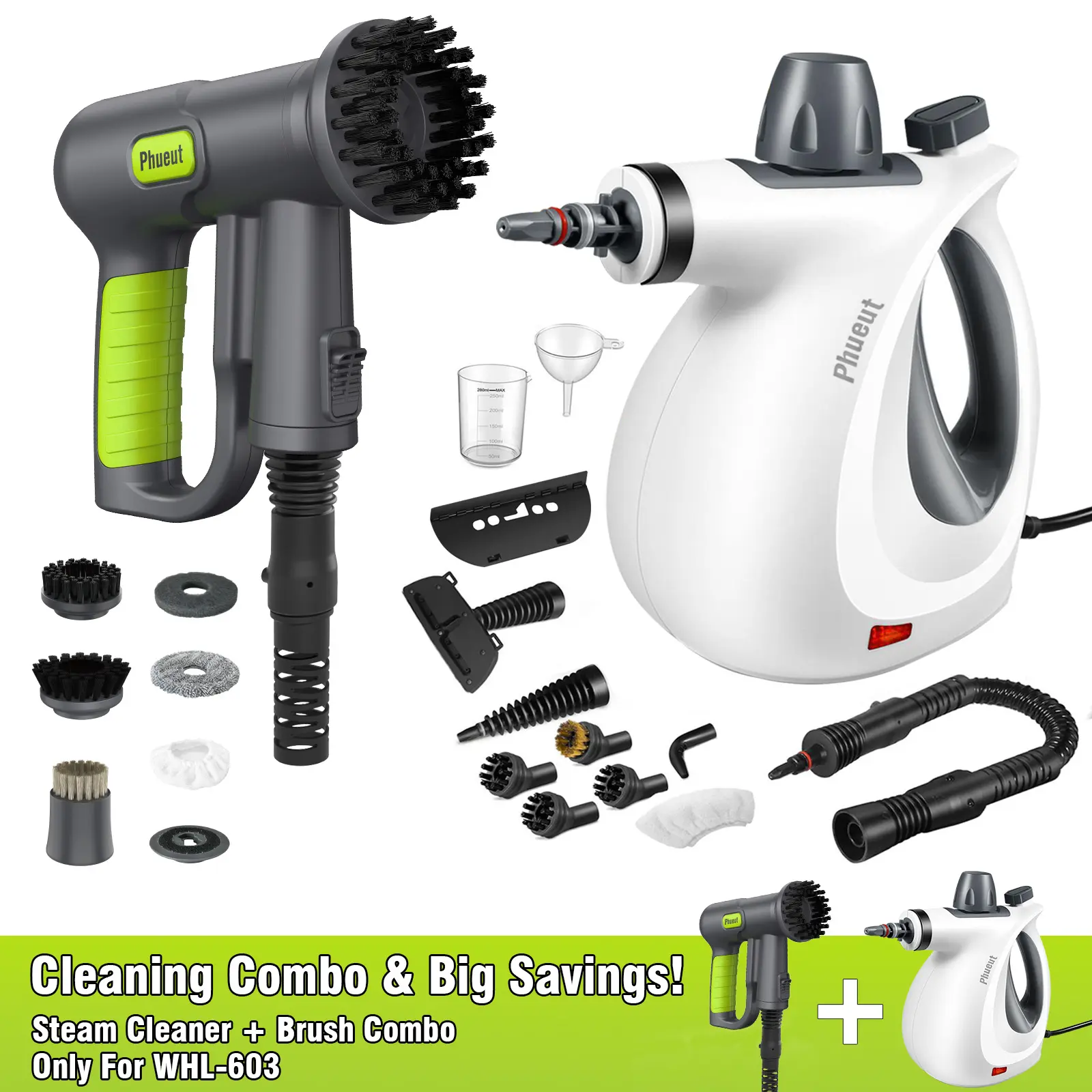 Phueut 10-in-1 Rechargeable Electric Spin Scrubber Cleaning Set, WHL-603 Handheld Grill Brush & Powerful Tool with 2X Higher Efficiency, Steam Function, 2500mAh Long Runtime, 9 Brush Heads, Handheld Cleaning Brush