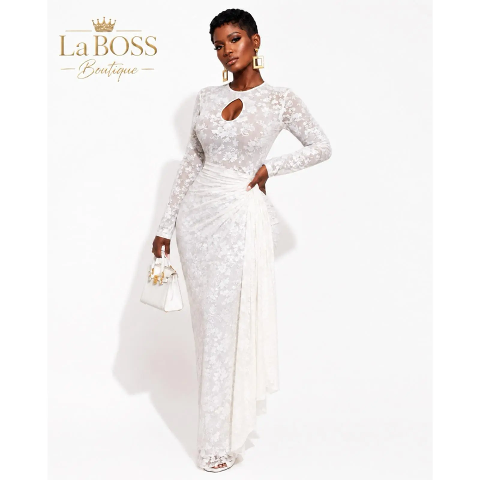 La BOSS Boutique Women’s Floral Lace Ruched Maxi Dress – Elegant Long Sleeve Formal Gown in White Prussian Blue Yellow & Mocha Brown S–2XL