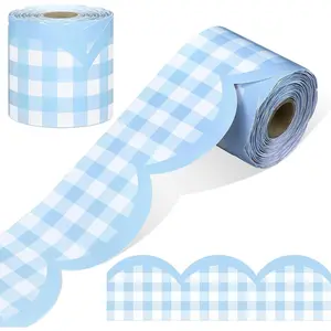 65ft Scalloped Checkered Gingham Bulletin Board Border Decoration for Classrooms Party, Suitable for Rolling Whiteboard, Walls, Desks, Windows, Doors, Lockers, Schools Blue