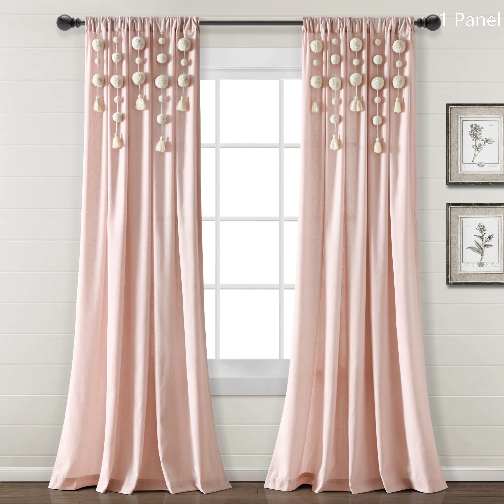 Lush Decor Boho Pom Pom Tassel Faux Linen Window Curtain Panel (Single Panel) - Sold Individually - 52"W x 63"L/84"L/95L with Detachable Strings & 3" Rod Pocket for Boho & Glam Decor, Room Decor, Living Room Decor
