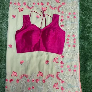 Embroidery Saree with Sleeveless Blouse - Traditional Style - Fals and Pico Finished - Dress
