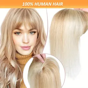 Wholesale New Women's Light Blonde & Bleach Blonde # 12P613 Straight Human Hair Topper with Bangs - T-Shaped Clip-In Hairpiece for Thinning Hair, Natural Look & Easy Application - Blonde Hair Extensions for Everyday Special Events, Thinning Hair Solution