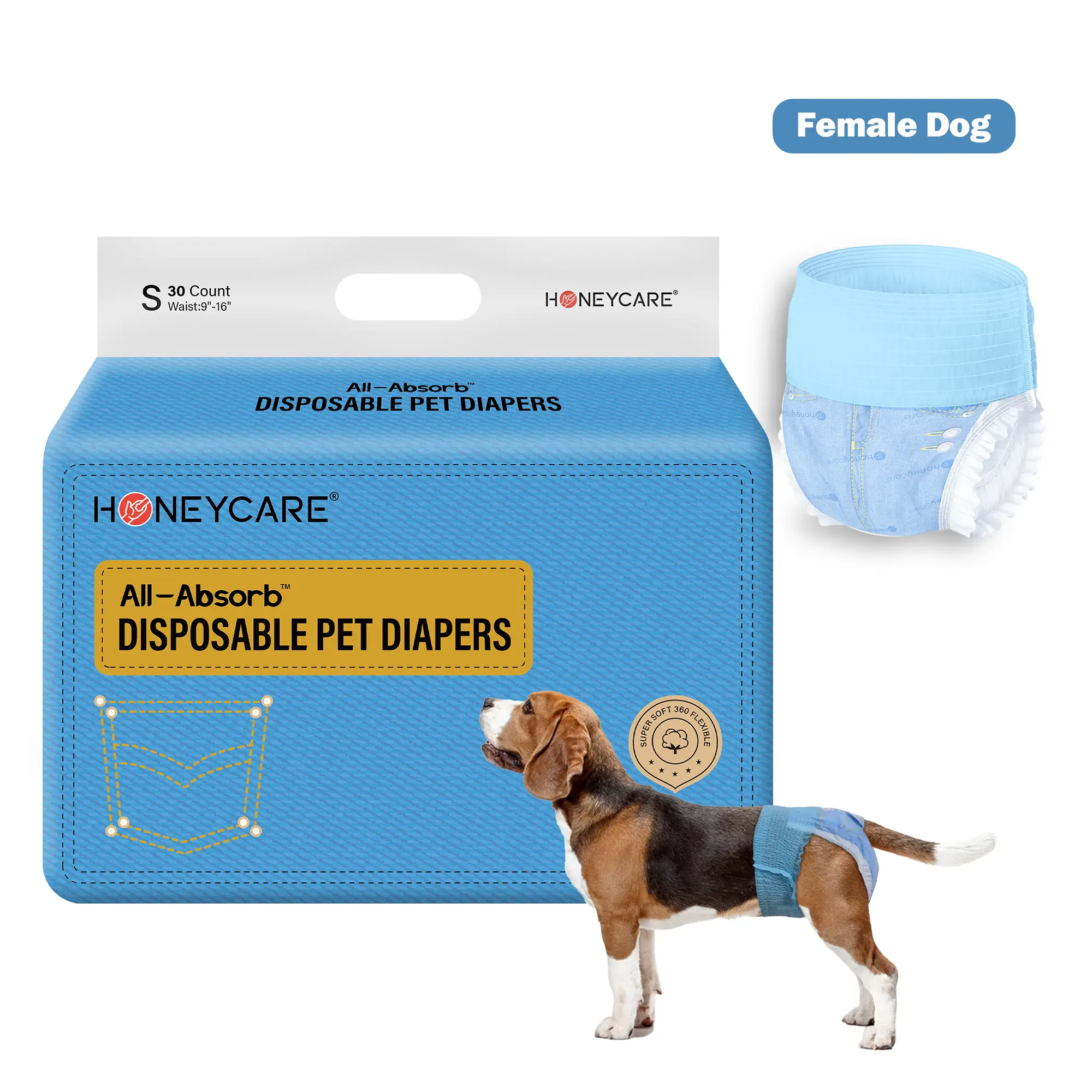 [B]HONEYCARE : Disposable Female Male Dog Diapers Wraps, Super Absorbent, Breathable, Wetness Indicator, Cute Suspenders Design,1 Pack